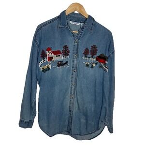 Vintage Wesport Denim Shirt Womens L Farm Embroidered Chambray 90s Granny